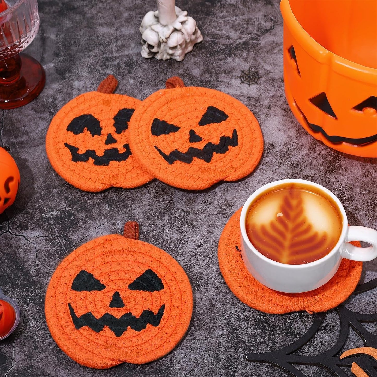 Whaline 4Pcs Halloween Pumpkin Handmade Braided Cotton Coasters Orange Black Pumpkin Shape Drink Coasters Absorbent Cup Coasters for Home Office Party Decor, 4.7 Inch