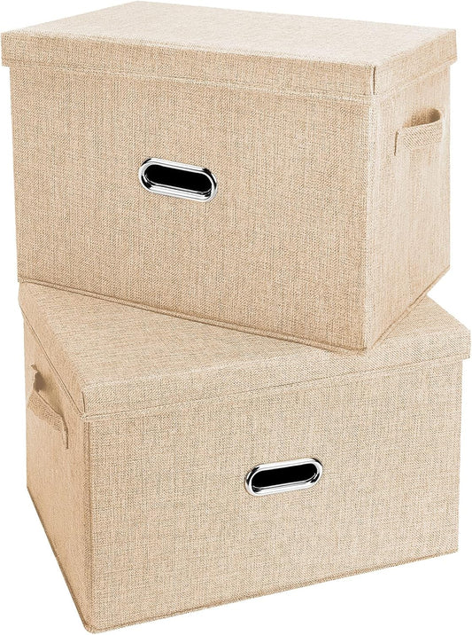 Large Linen Fabric Foldable Storage Bins with Removable Lid and Handles, Washable Storage Box Organizer Containers Baskets Cube with Cover for Bedroom,Closet,Office (Khaki, Large(2-Pack))