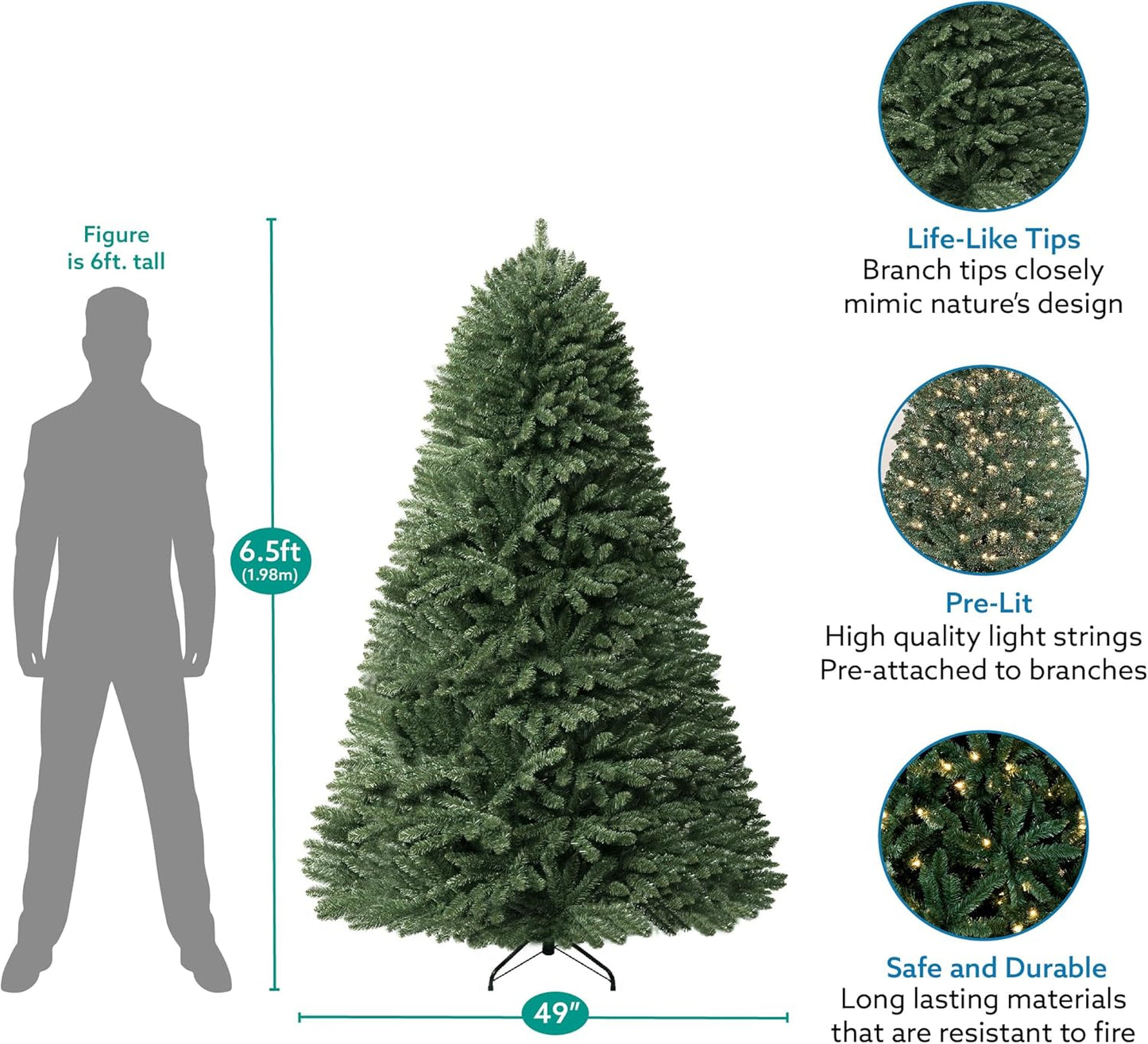Prague 6.5ft Prelit Artificial Christmas Tree with Foot Pedal, 1197 Branch Tips, 450 Warm Lights and Metal Stand, 49" Wide Realistic Spruce Christmas Tree with Lights by Naomi Home