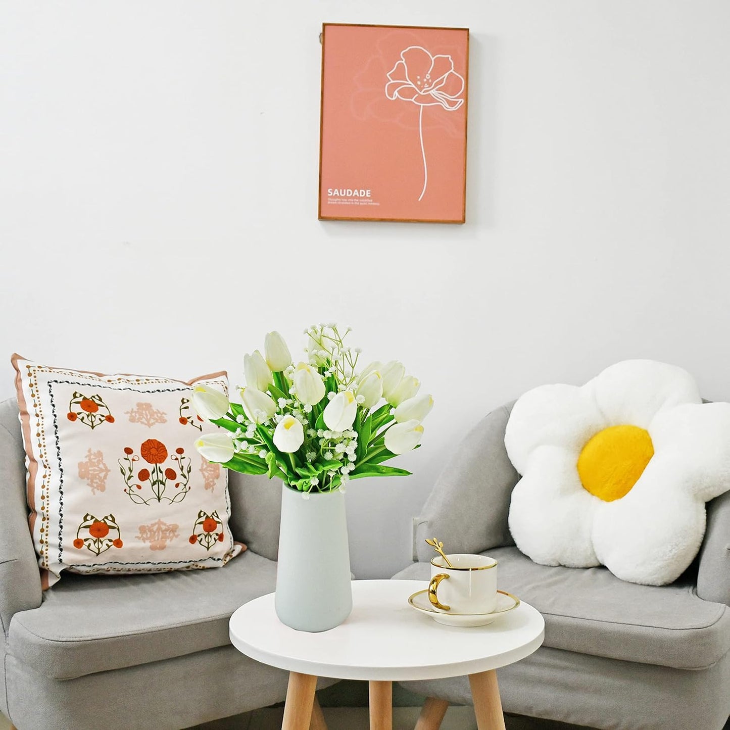 Mandy's Artificial Tulips 20 Stems White with 3pcs White Baby's Breath PU Faux Flowers for Wedding Home Decor 13.5 Inch