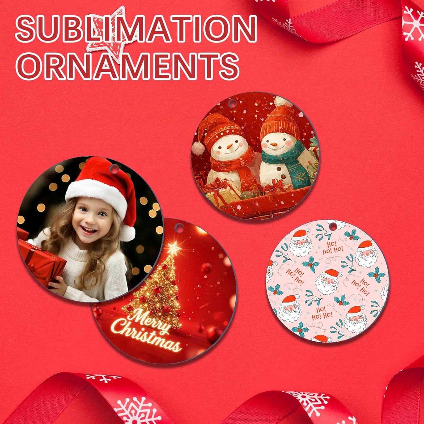 50 PCS Sublimation Ornament Blanks Double Sided MDF Sublimation Christmas Ornaments Blanks Bulk for Christmas Tree Decor Halloween Day DIY Crafts with Red Ribbon 2.75 inch