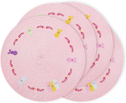 Whaline 4Pcs Round Bunny Easter Placemats Pink Rabbit Embroidered Place Mats Spring Cute Rabbit Dinner Table Mat Easter Dining Kitchen Table Mats for Home Wedding Baby Shower Birthday Party Decor