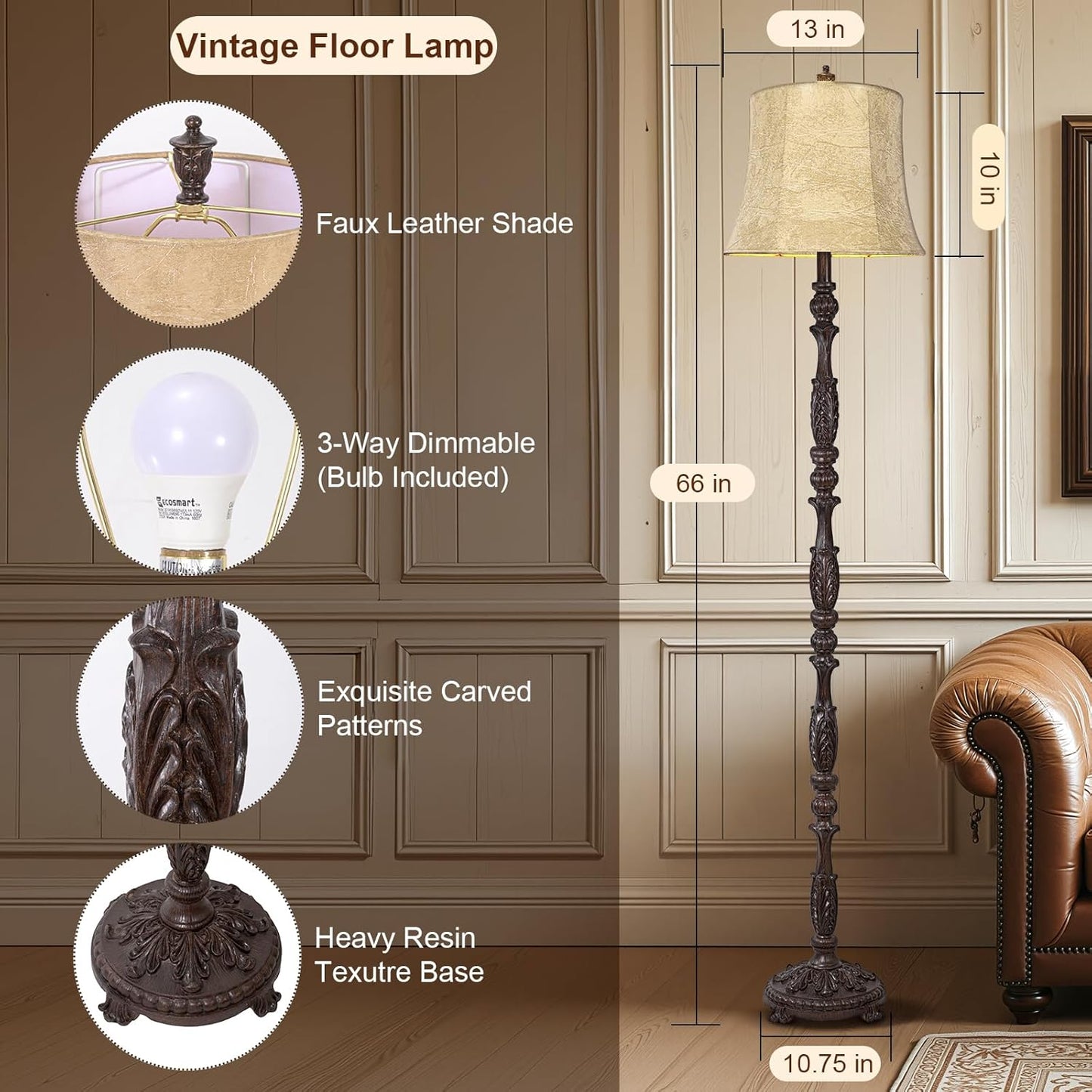 Scenekoy Vintage 66” Tall Floor Lamp for Living Room Bedroom, Retro Resin Carved Standing Lamp with Faux Leather Shade, 3-Way Dimmable Bulb, Rotary Switch Rustic Corner Light for Home Decor