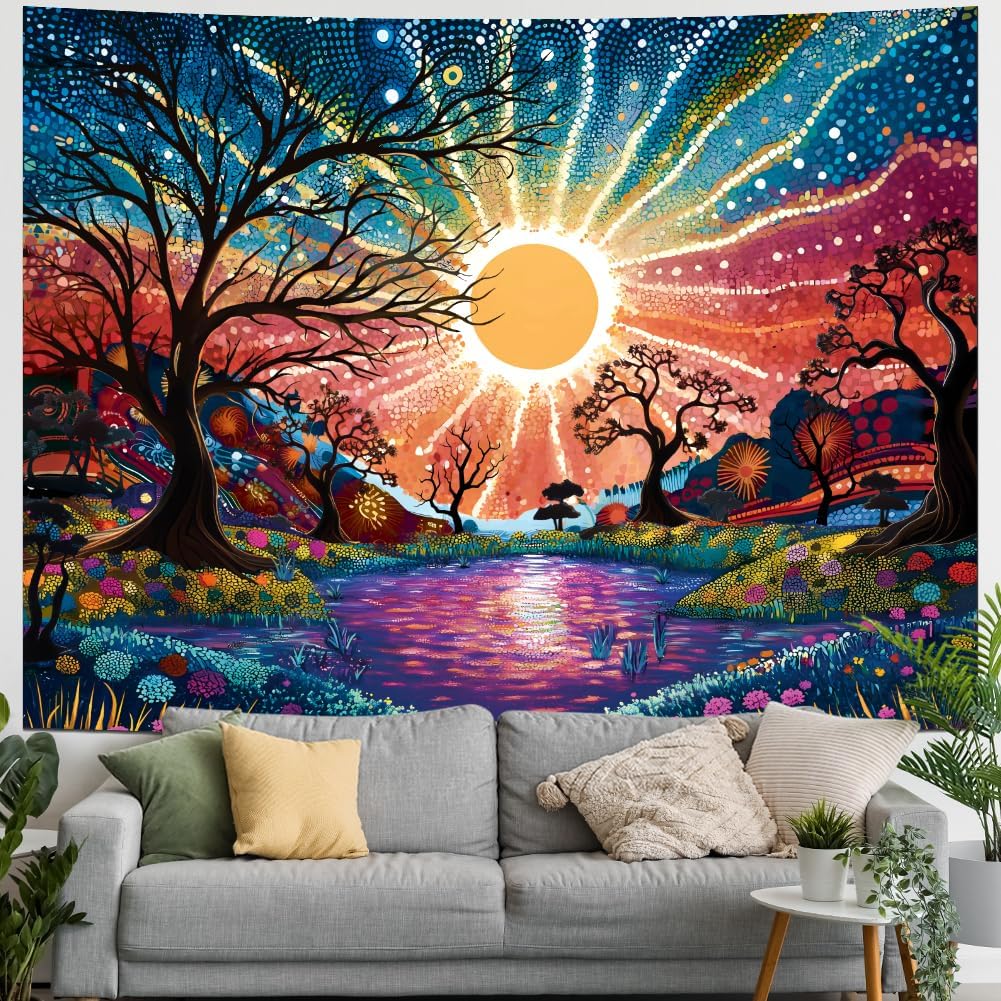 Serborlur Tree of Life Tapestry Trippy Sun Forest Tapestries Colorful Starry Sky Tapestries Hippie Nature Landscape Tapestry Wall Hanging for Bedroom (39.4" x 52.4")
