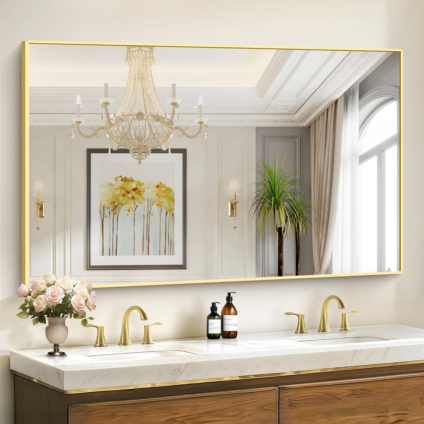 36x55inch Bathroom Mirror, Gold Rectangle Mirror with Thin Metal Frame, Large Rectangular Wall Mirror for Bathroom, Living Room, Hair Salon, Big Farmhouse Mirror Hang Horizontal/Vertical