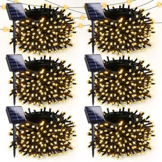 6 Pack Solar Christmas Lights Outdoor Waterproof, 600 LED 198 FT Solar Powered String Lights Outdoor with Green Wire 8 Lighting Modes, Mini LED Xmas Tree Light for Fence Party Decorations, Warm White
