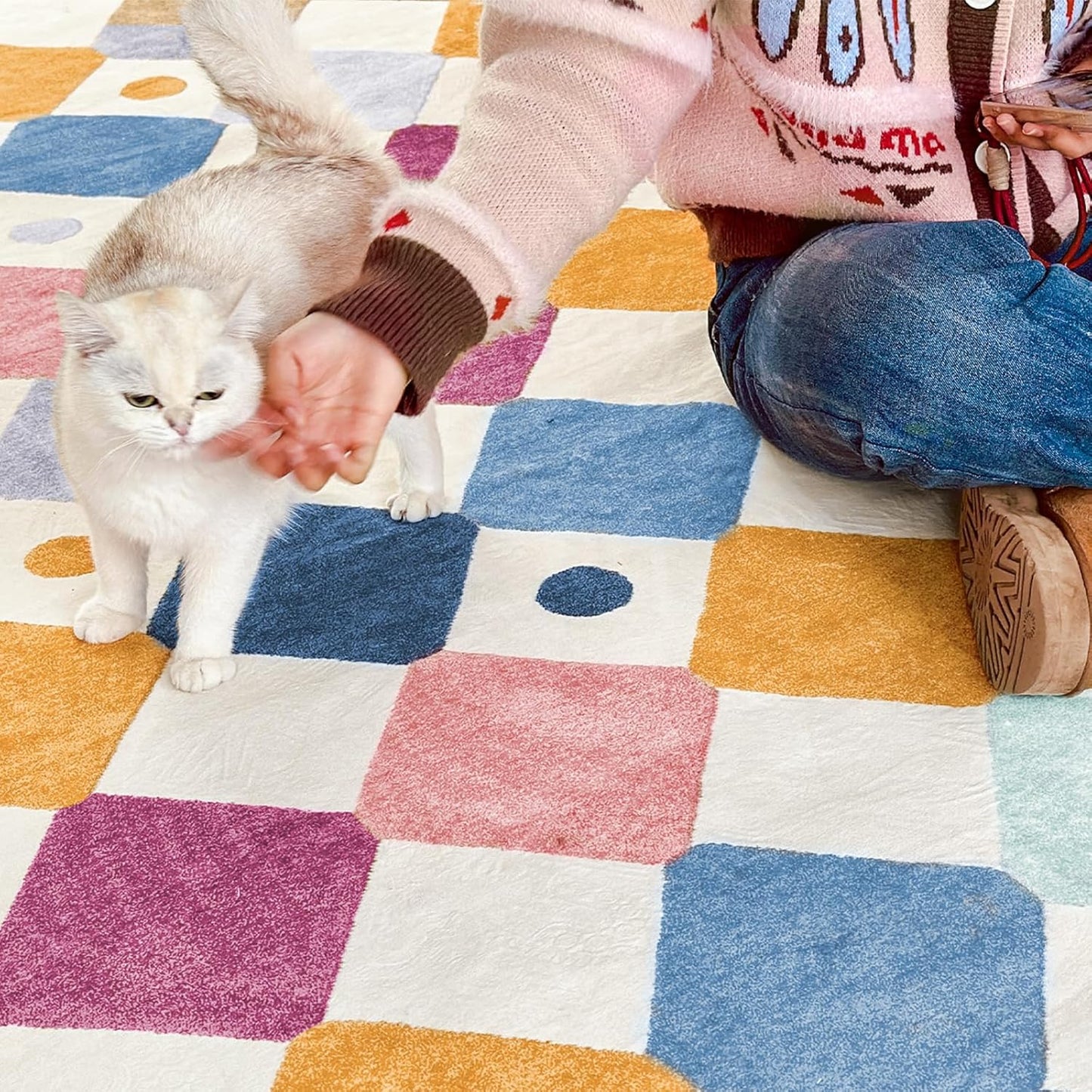 jinchan Round Rug 5ft Kids Washable Rug Indoor Floor Cover Non-Slip Soft Elementary School Classroom Modern Colorful Diamond Carpet for Nursery Daycare Bedroom Playroom Living Room Berries on Cream