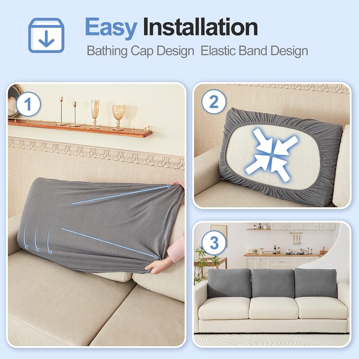 Large Backrest Cushion Covers Super Stretch Backrest Covers for 3 Cushion Couch Sofa, Couch Back Cushion Covers Featuring with Chenille Yarn (Softer Version, 3PC, Dark Grey)