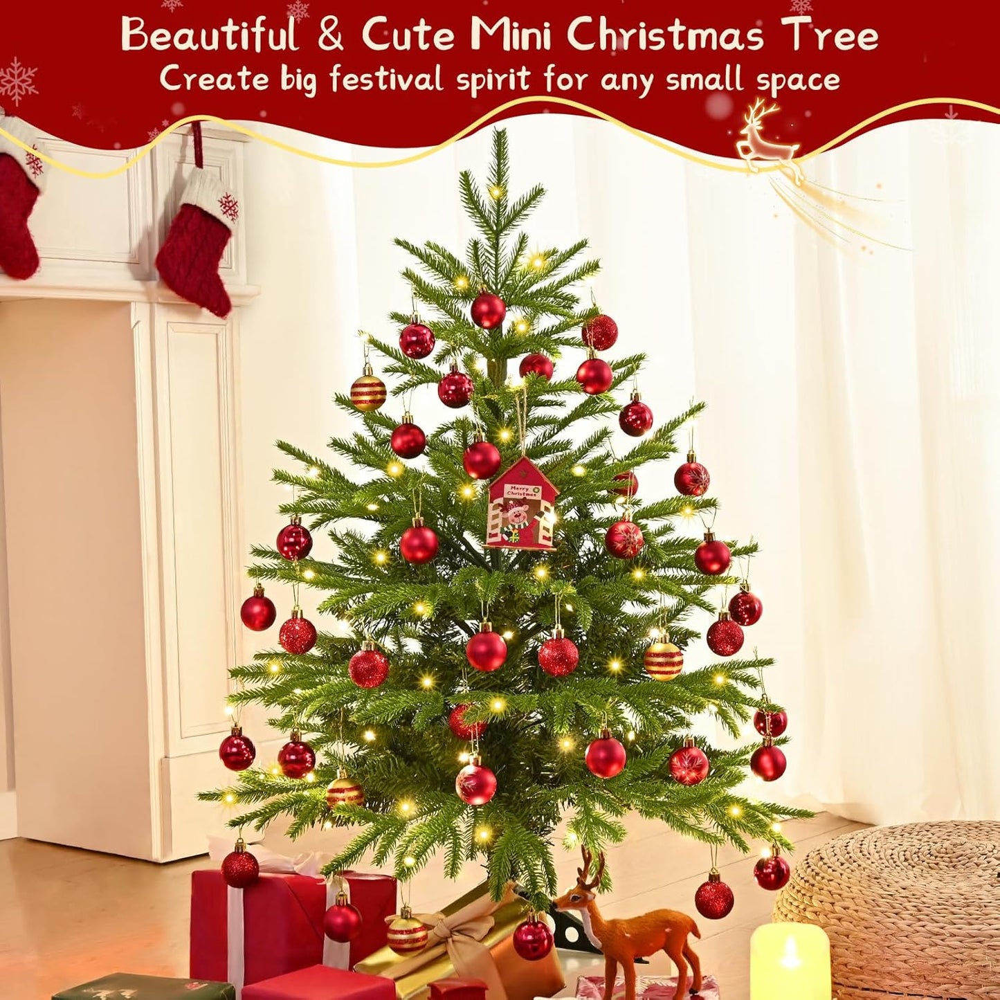 MARTINE MALL 3FT Realistic Norfolk Pine Small Christmas Tree with 50 LED String Light, Full Mini Christmas Tree Artificial Tabletop Xmas Trees with Red Hanging Ball Ornaments for Table Home Holiday