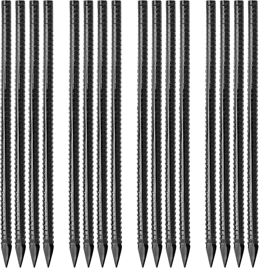 16 inches Ground Rebar Stakes (16 pcs) Heavy Duty Metal Spikes for Concrete Timber Garden Plant, Long Straight Steel Stakes for Tent, 3/8" Thickness Ground Anchors with Chisel Point End, Black