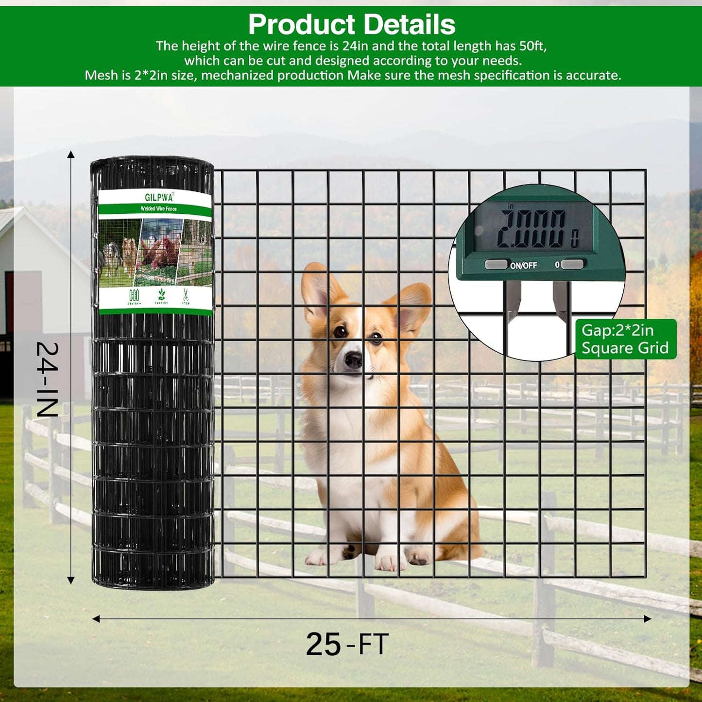 Wire Fence, 24 in(H) X 25 ft(L) PVC Coated Welded Wire Fencing 2" X 2" 16GA Garden Border Vinyl Metal Chicken Wire Fencing Mesh Roll for Yard Vegetable Plant Protection Poultry Netting Black