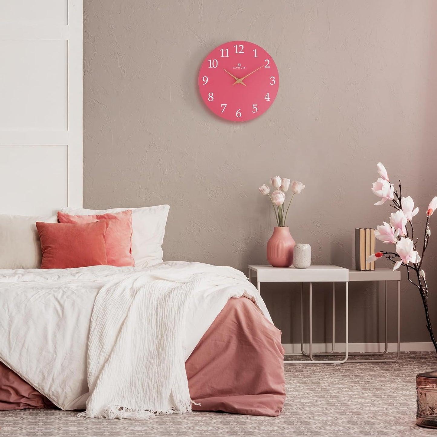 Lafocuse 12 Inch Silent Pink Wall Clock Battery Operated for Living Room Decor, Simple Minimalist Wooden Kids Pink Clock for Girls Bedroom Office