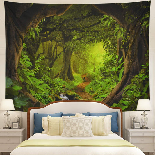 Tushelia Forest Nature Tree Cave Wall Hanging - Misty Forest Stream Through Rainforest Landscape Jungle Creek Psychedelic Tapestry for Living Room