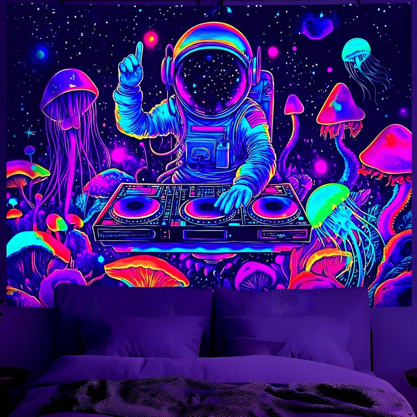 BVBOX Astronaut Space Blacklight Tapestry 79"x59", UV Reactive Astronaut DJ Universe Galaxy Planet Glow in Dark Music Tapestries, Black Light Neon Upright Poster Wall Hanging Backdrop Decor for Bedroom Living Room