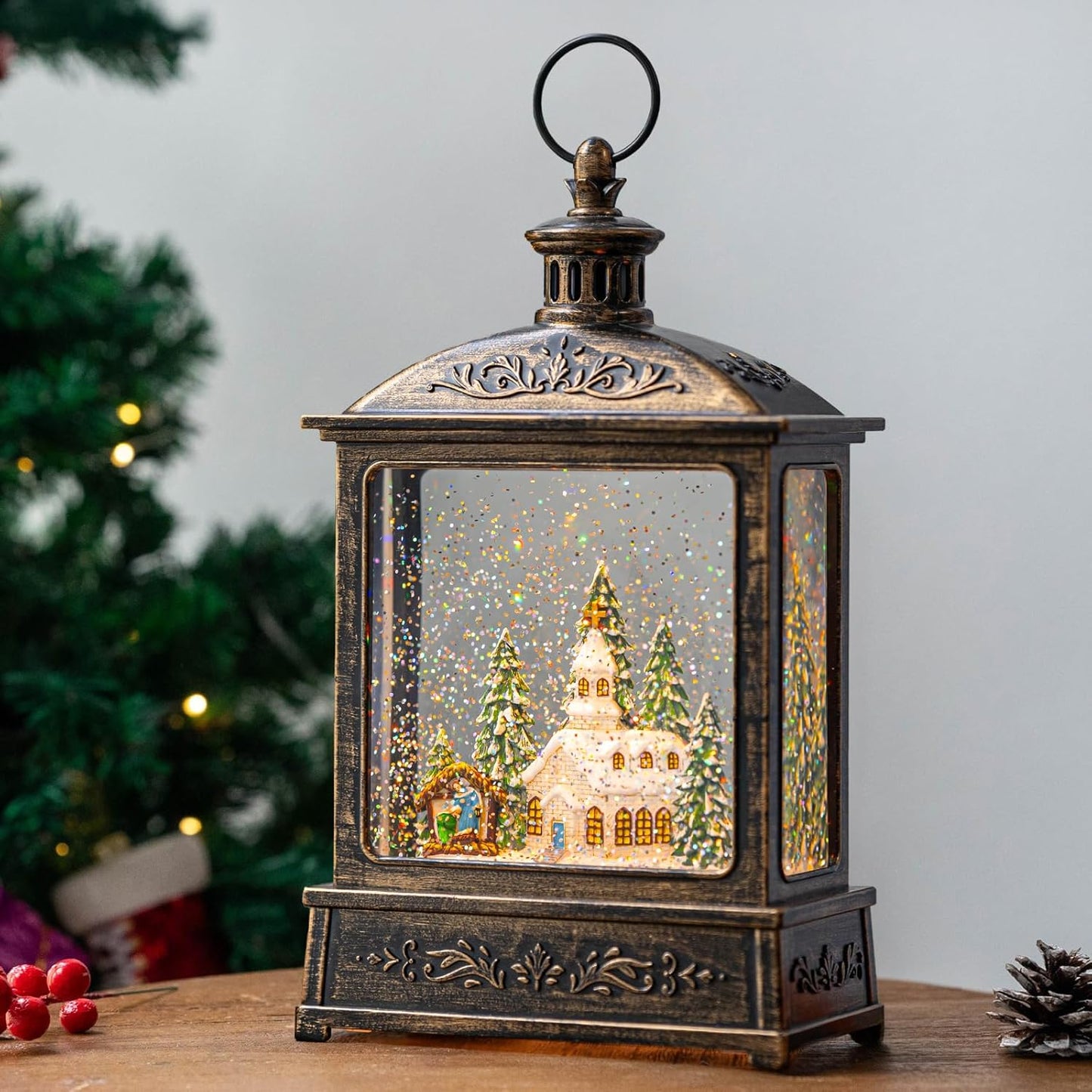Christmas Snow Globe Lantern Water Glittering Churche & Manger Scene with Music & Timer, USB Lined/Battery Operated Lighted Lantern for Christmas Festival Decoration Gifts