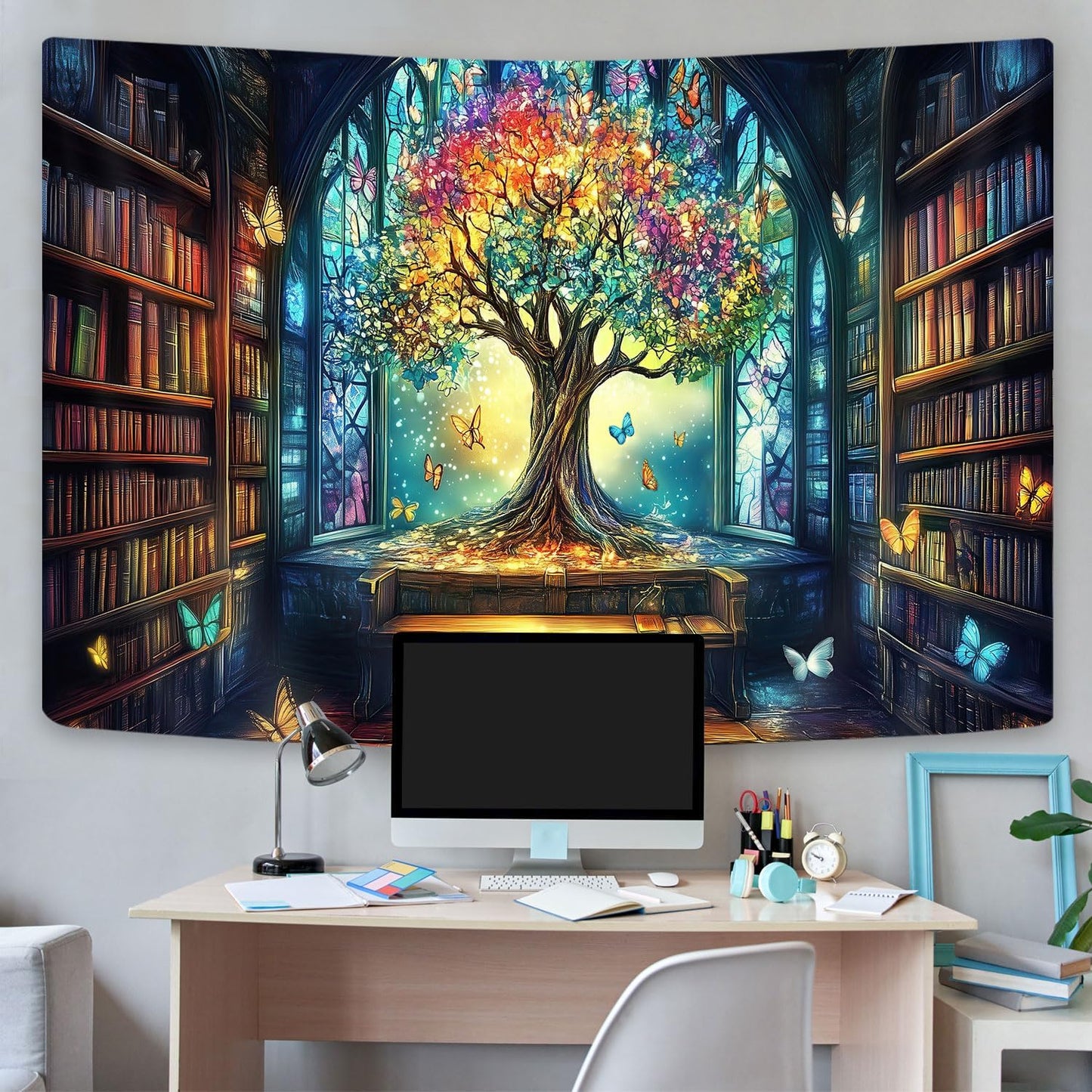 Mysterious Library Tapestry, Fantasy Enchanted Tree Magic Bookshelf Aesthetic Tapestries for Classroom, Witchy Fairy Tree Vintage Bookshelf Book Art Tapestry Wall Hanging College Room Bedroom, 60X40
