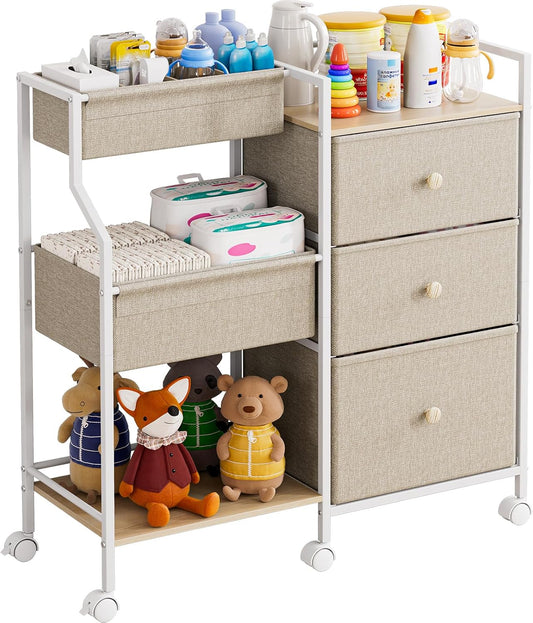 Baby Organizer and Storage - 3 Tier Rolling Cart with Dividers and Drawers, Easy To Assemble, Mobile Utility Cart with Wheels for Nursery, Bedroom, Changing Table & Crib,Off White
