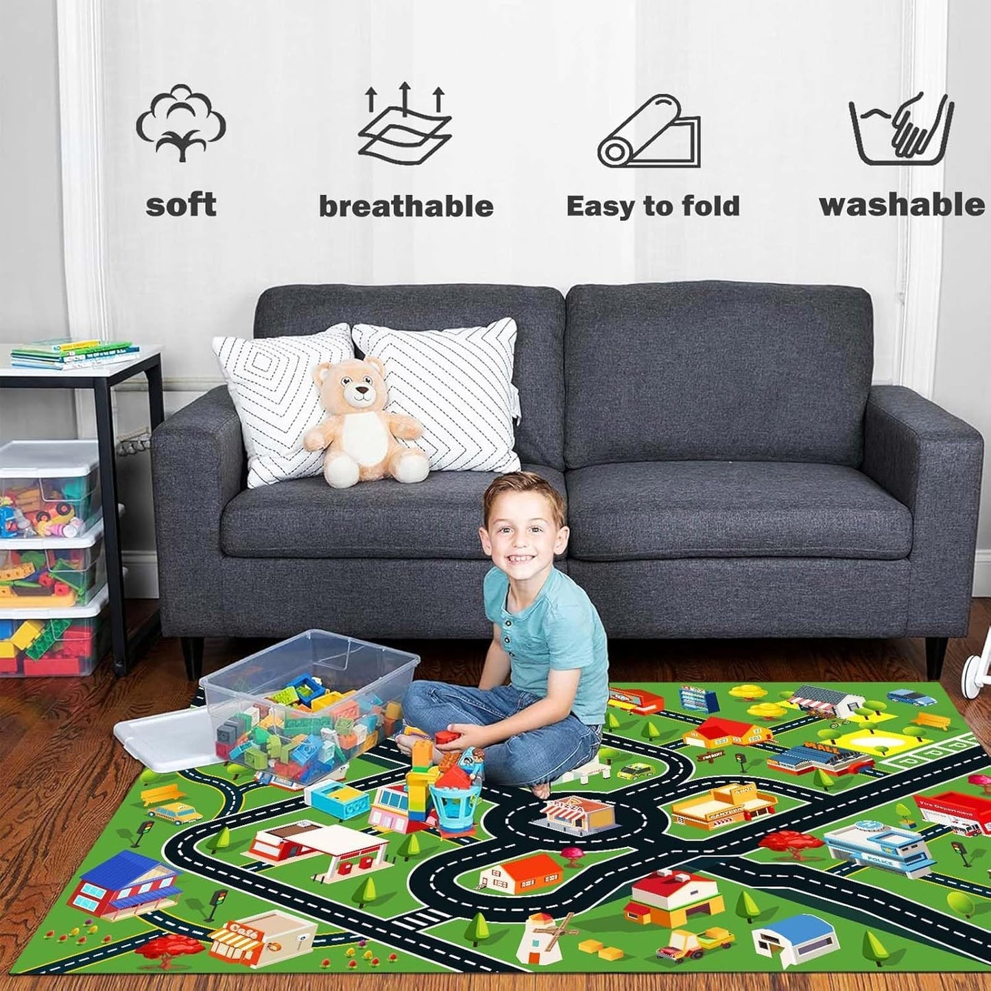 Kids Rug - Car Rugs for Kids Toy Cars Play Mat with Rubber Backing - City Life Road Rug for Fun - City Map for Carpet - Bedroom Boys (RED, 4x6ft)