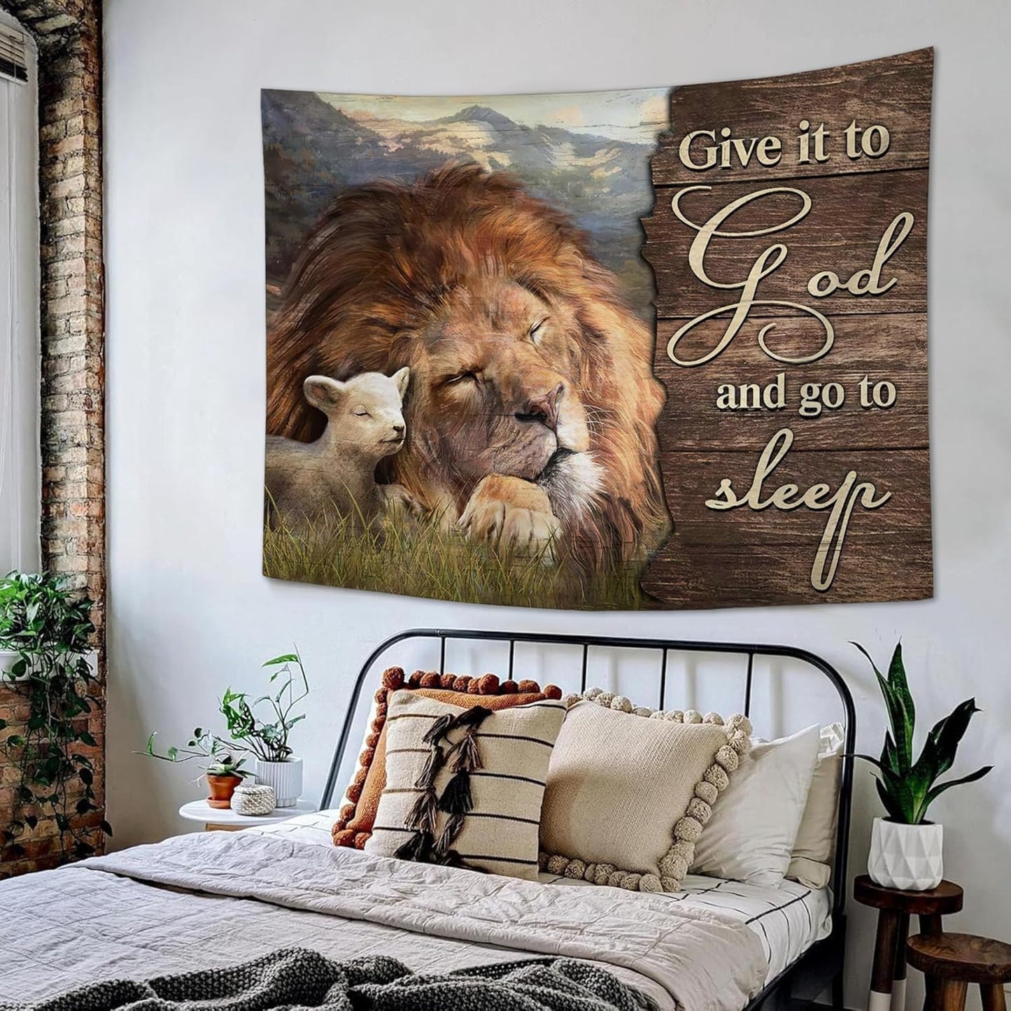 yowecso Lion and Lamb Tapestry Give It To God And Go To Sleep Tapestry Wall Hanging for Bedroom Christian Religious Tapestries Aesthetic Wall Decor for Home Dorm Living Room 40"x60"