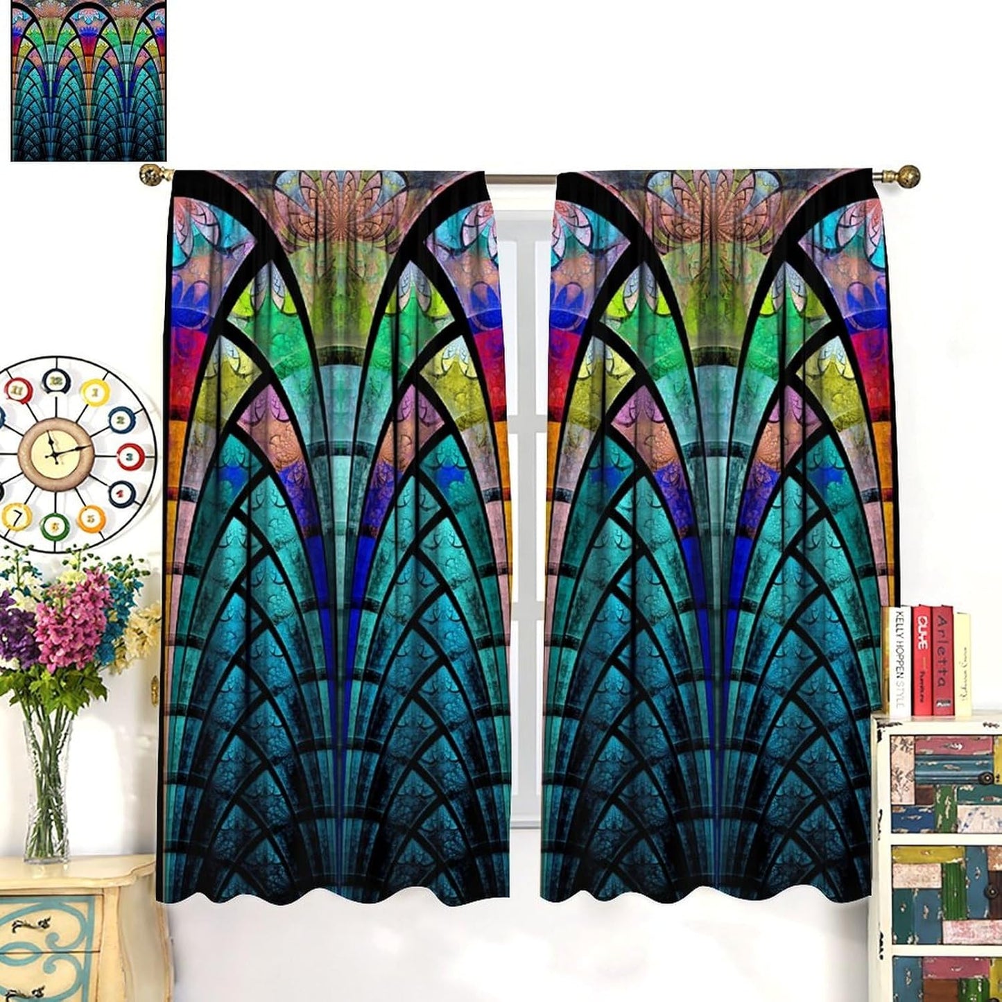 Stained Glass Curtains,Retro Design Style Colorful Abstract Art Home Decor Drapes for Bedroom Living Room Kitchen Window Treatment 2 Panels Set Total Size 63" W X 63" L Inch