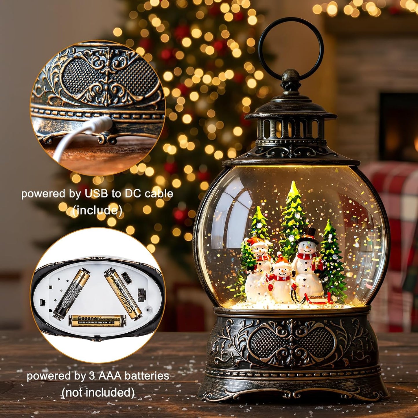 Christmas Snow Globes Christmas Water Lantern with Snowman Family with sled Christmas Tree Music & 6H Timer, USB Lined/Battery Operated Lighted Lanterns for Xmas Festival Decoration Gifts