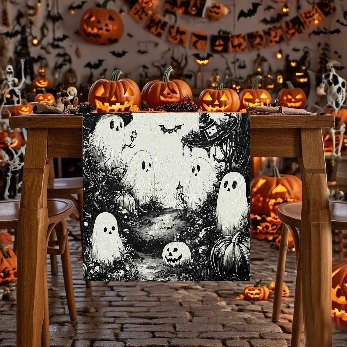 GPGHE Halloween Table Runner Black Ghost Holiday Burlap Table Decoration Indoor Outdoor Home Decor Party Supply 13 x 36 Inch