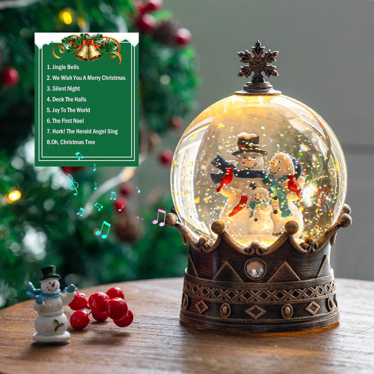 Christmas Snow Globe Lantern Water Glittering Snowman Family Crown with Music, USB Lined/Battery Operated Lighted Lantern for Christmas Festival Decoration Gifts