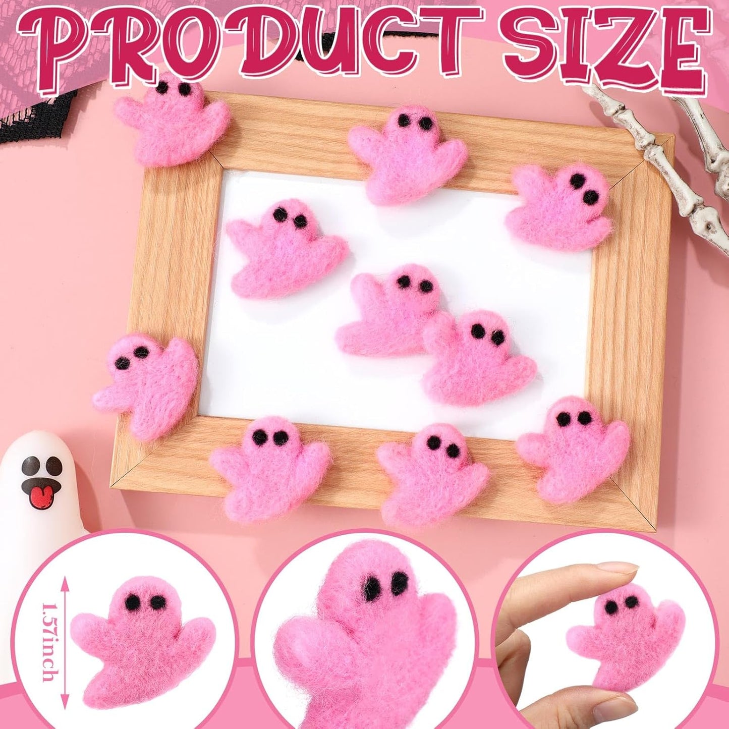 24 Pcs Halloween Felt Ghosts Wool Felted DIY Ornament Ghost for Halloween Party Decoration Home Indoor Outdoor Supplies(Pink)