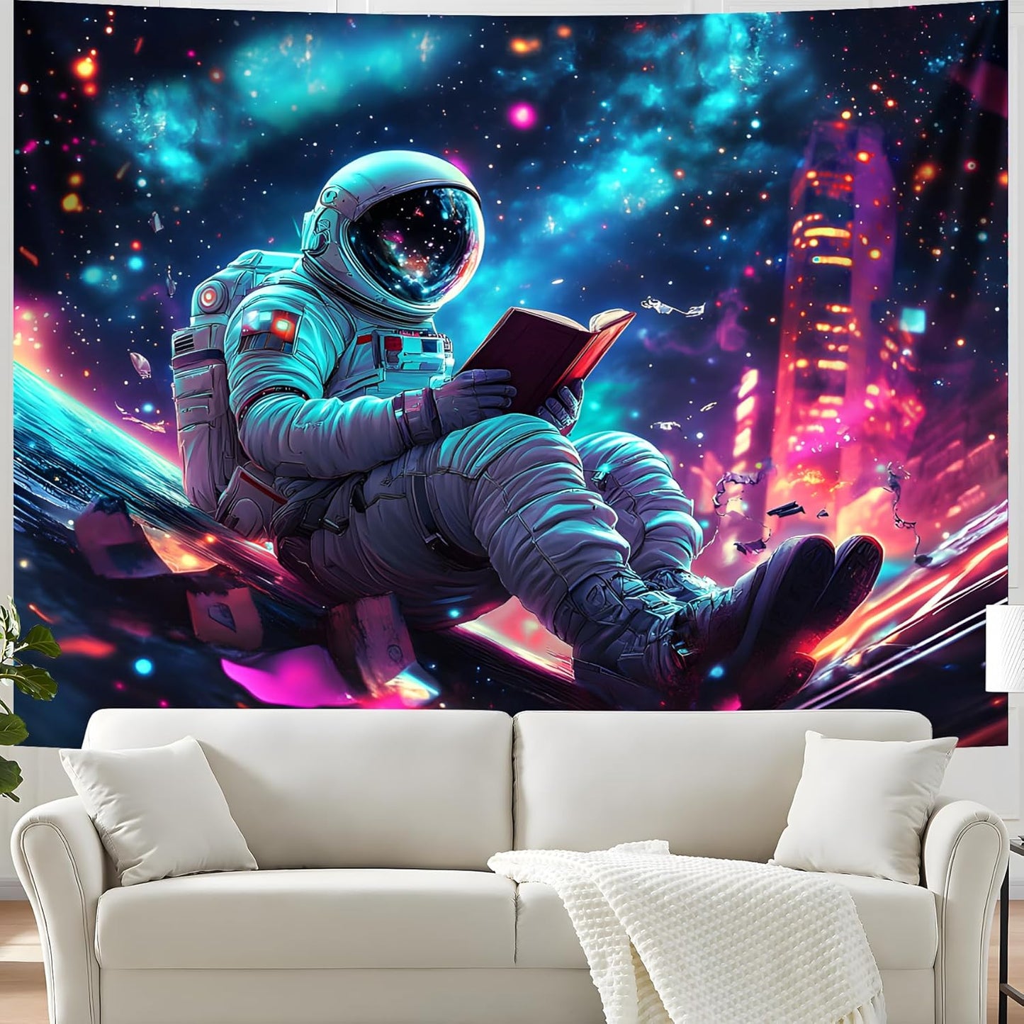 BVBOX Astronaut Space Blacklight Tapestry 79"x59", UV Reactive Astronaut Reading Universe Galaxy Planet Glow in Dark Tapestries, Black Light Neon Upright Poster Wall Hanging Backdrop Decor for Bedroom Living Room
