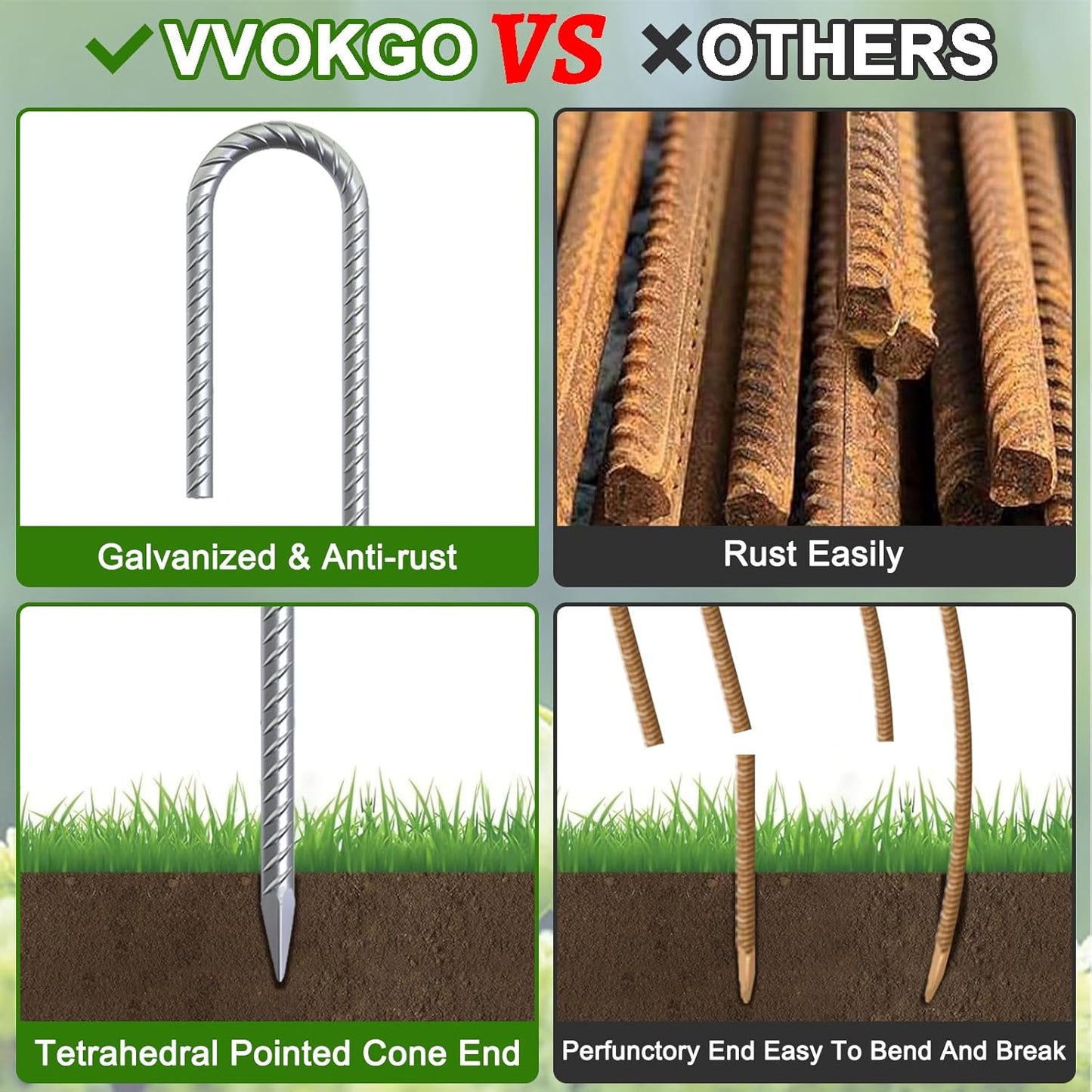VVOKGO Rebar-Stakes-12-Inch J Hook Galvanized Tent Stakes Heavy Duty, 4-Pack Ground Chain Link Fence Anchors with Chisel Point End for Gazebo Bounce House, Camping Tents, Outdoor Inflatable Decoration
