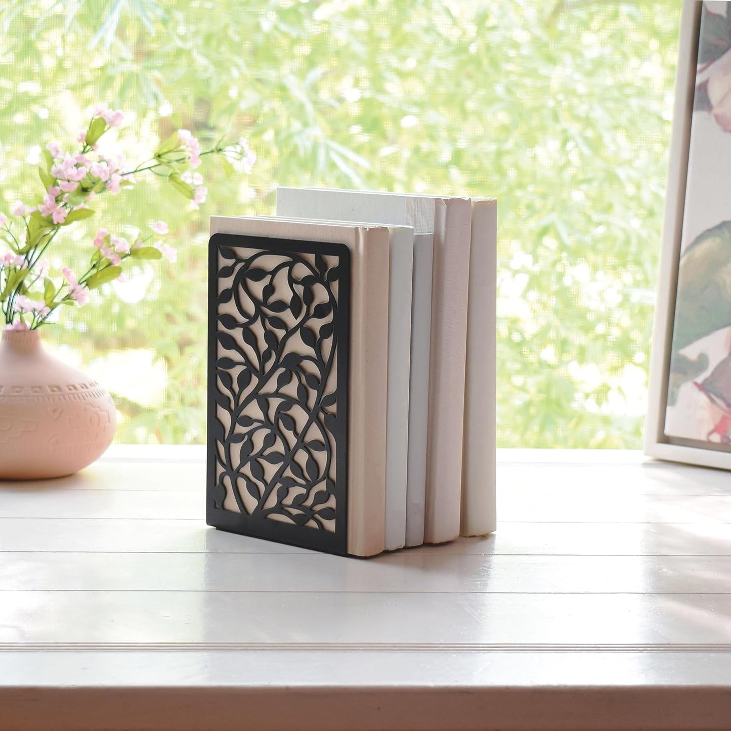 CNK Book Ends Bookends for Decorative Books Holder Bookend Shelves End Hold Heavy Duty Holders Stoppers Metal Stopper Cute Boho Bookshelf Holds Cookbook Office Home Set of 4 Bookends Pair Black