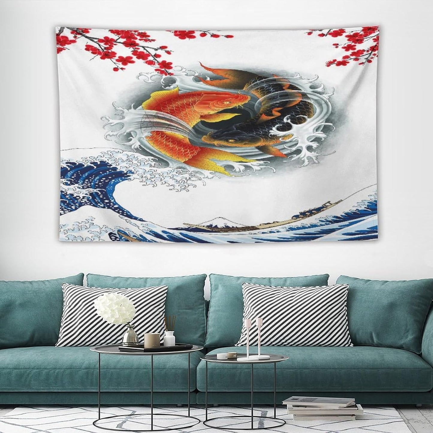 Houselerax Koi Fish Tapestry, Japanese Style Yin Yang Big Wave Cherry Blossoms Tapestries Wall Hanging for Bedroom Living Room Office Decor 60"x40"