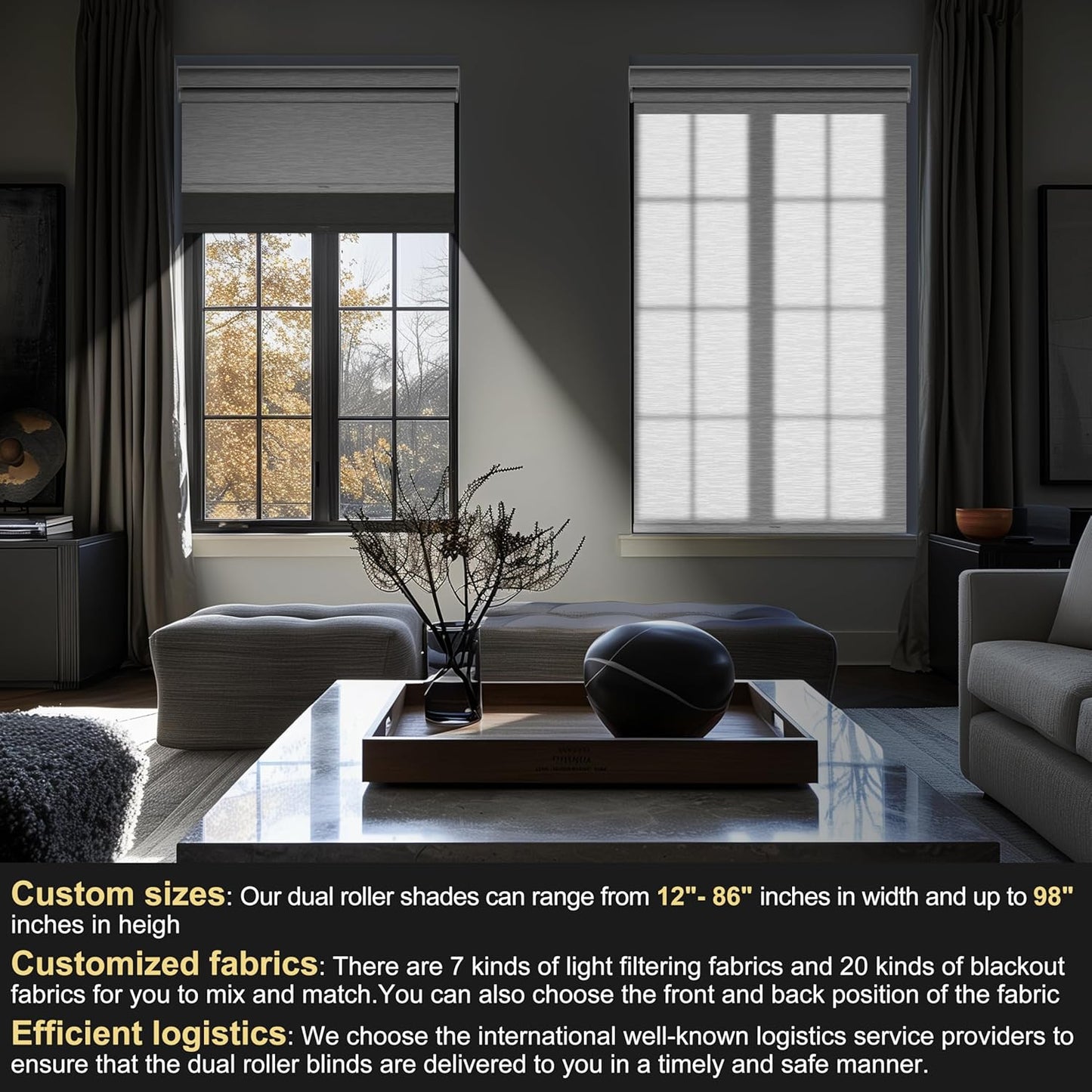 BERISSA Cordless Dual Roller Shades with Cassette Valance, Double Window Shades - Blackout and Light Filtering, Day and Night for Home Office Door, Grey and White - 41 W x 36" H