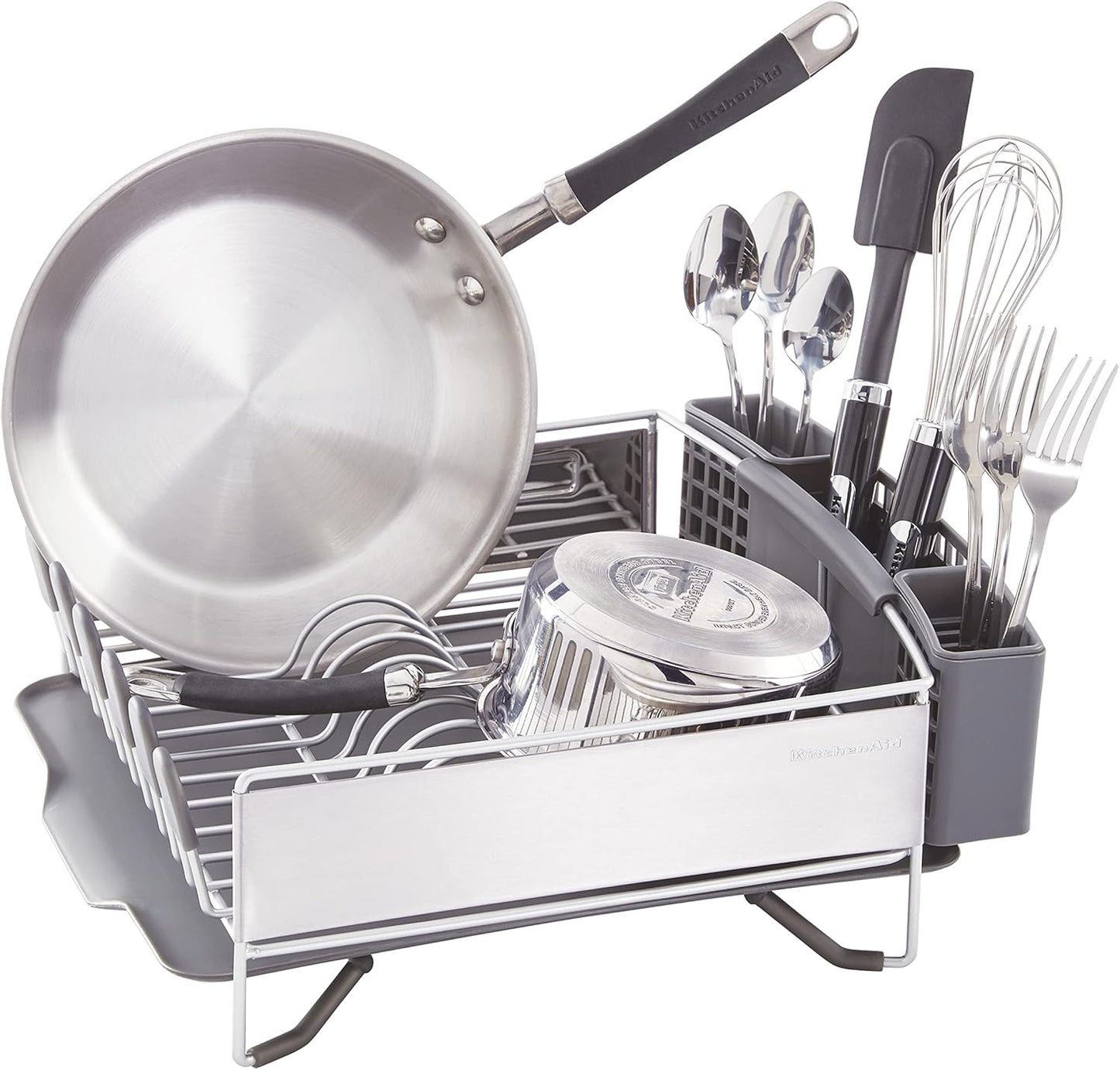 KitchenAid Compact Space Saving, Dish Rack with Removable Flatware Caddy and Angled Self Draining Drainboard, Satin Gray, 15-Inch-by-13.25-Inch