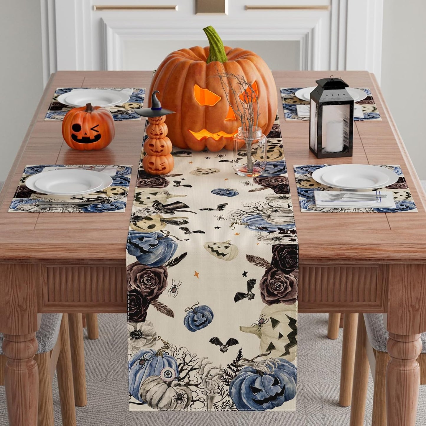 XCHI Spooky Blue Pumpkin Halloween Table Runner Party Table Decoration for Home Kitchen Dining Holiday Decor 13x72 Inch