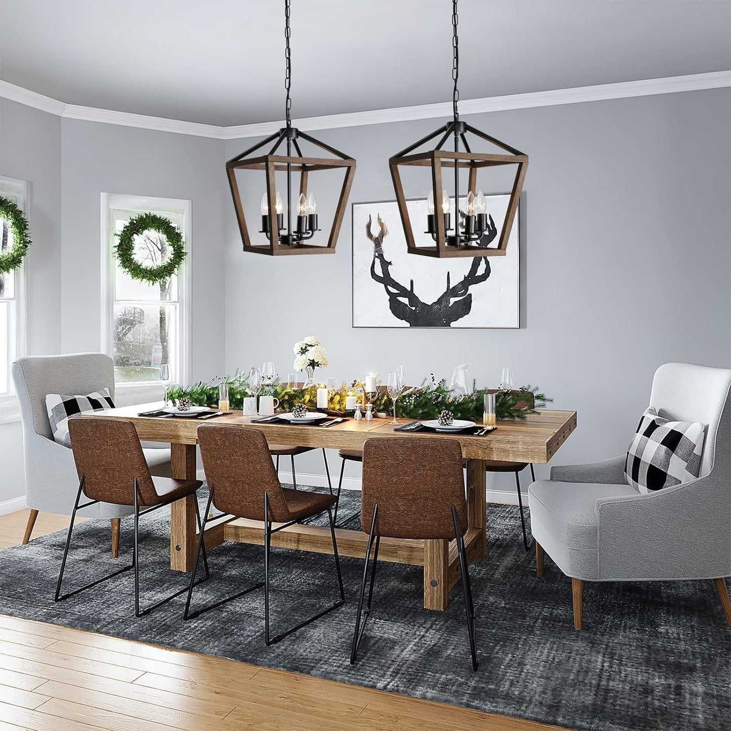 4-Light Lantern Pendant Light,Black Wood Cage Farmhouse Chandelier for Kitchen Island,12'' Rustic Metal Geometric Hanging Lighting Fixture for Kitchen Island Dining Room Bedroom Foyer Entry