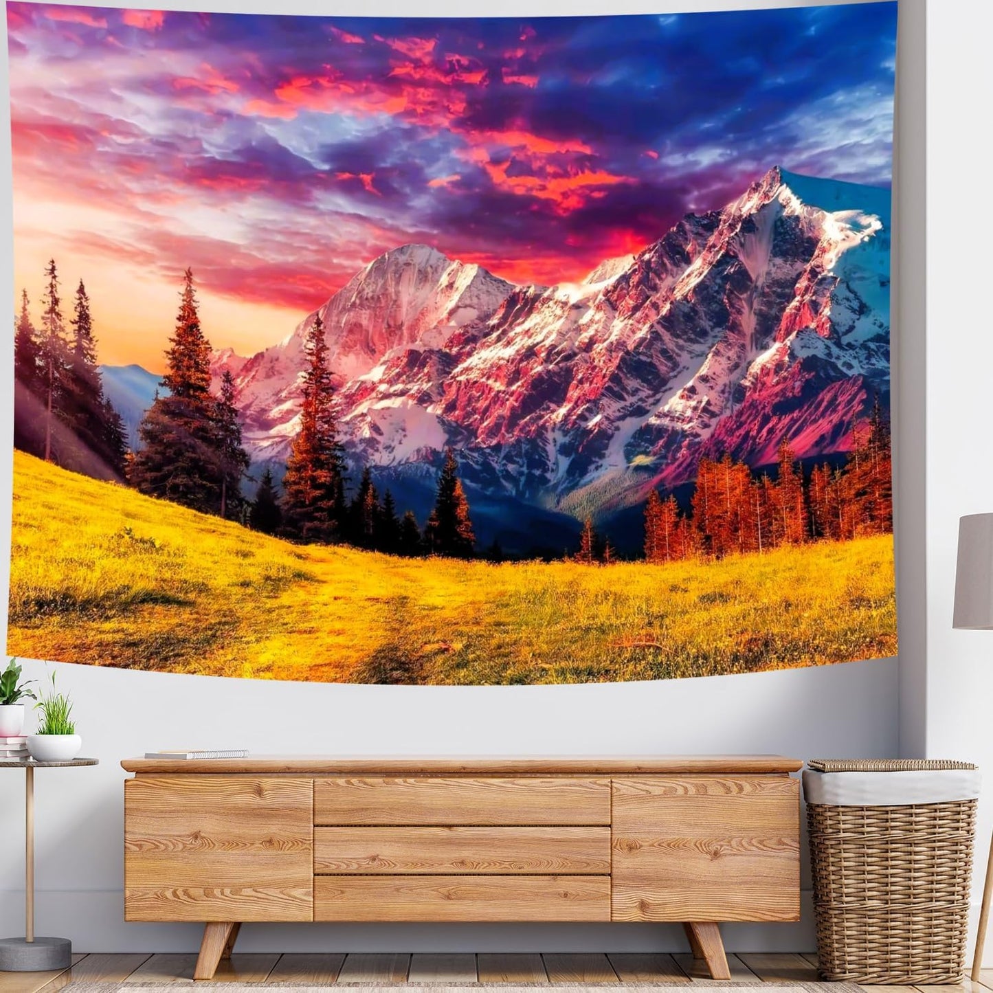 Delur Mountain Tapestry Sunset Forest Tree Nature Tapestry Wall Hanging Sunrise Psychedelic Scenic Landscape Headboard for Bedroom Living Room Home Decor (59.1" x 78.7")
