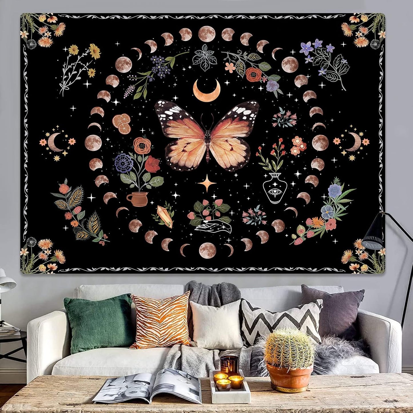Fowocu Orange Butterfly Moon Flower Tapestry Boho Floral Plant Tapestries for Bedroom Aesthetic Tapastry's Wall Hanging Mandala Botanical Wall Tapestry for Living Room Dorm (Yellow, 60'' × 44'')