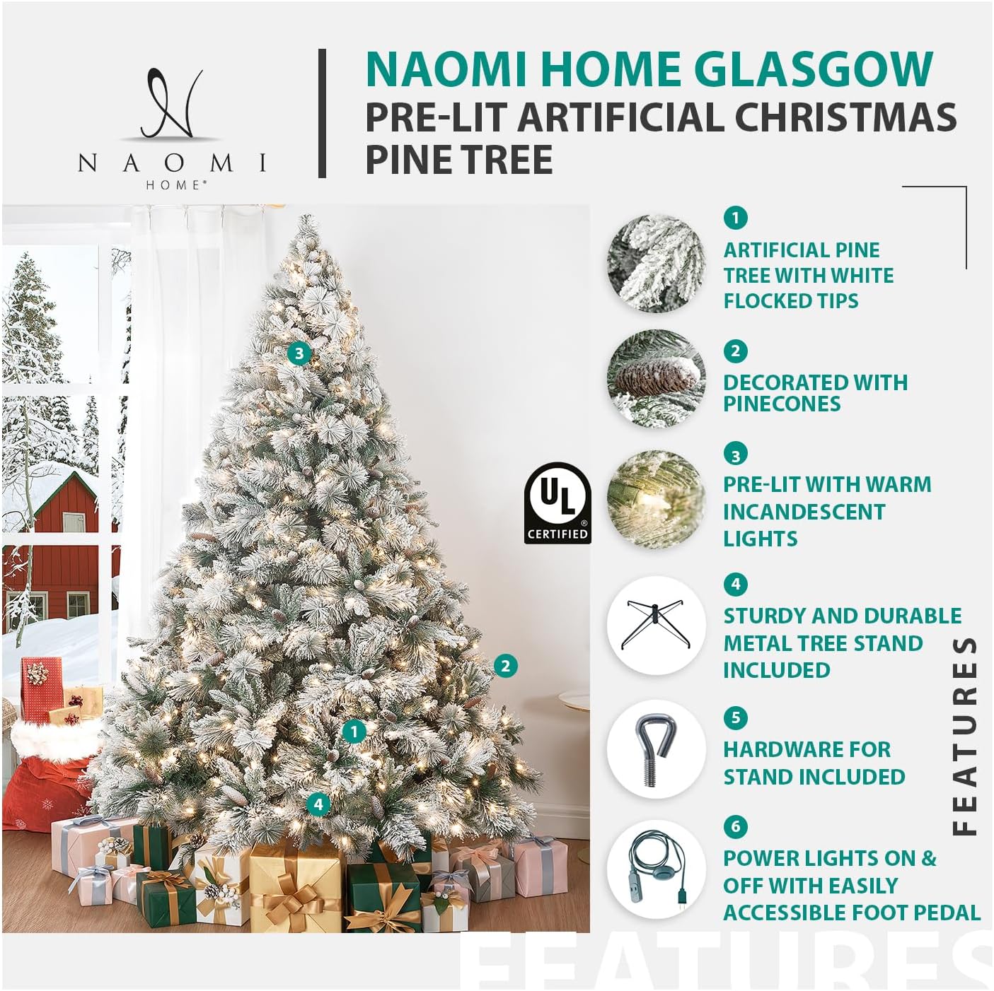 Naomi Home 7.5ft Slim Snow Flocked Christmas Tree with Lights,Realistic Frosted Skinny Pencil Prelit with 1102 Branch Tips, 350 Warm Lights & Metal Stand, Aritificial Tree