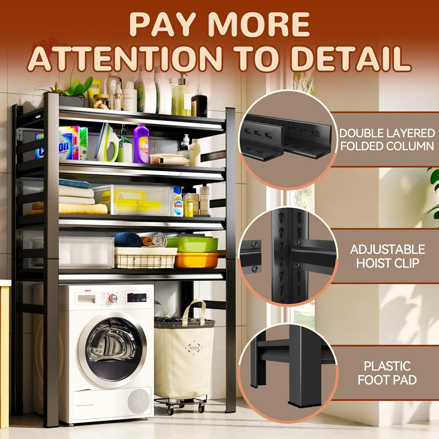 Laundry Shelf,5 Tier Over Washer and Dryer Storage Shelves,Adjustable Easy to Install,Space Saver Laundry Shelf Organizer,Utility Shelves for Balcony,Black,72”H*15.7”D*35.4“W