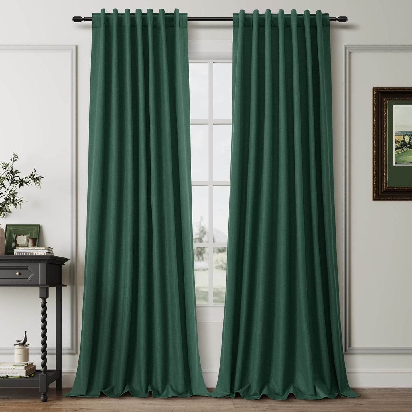 BOODII Green Linen 100% Blackout Curtains for Bedroom 102 Inch Long 2 Panels Window Curtain Floor to Ceiling Length for Living Room Sliding Glass Door Back Tab Linen Room Darkening Drapes 52x102