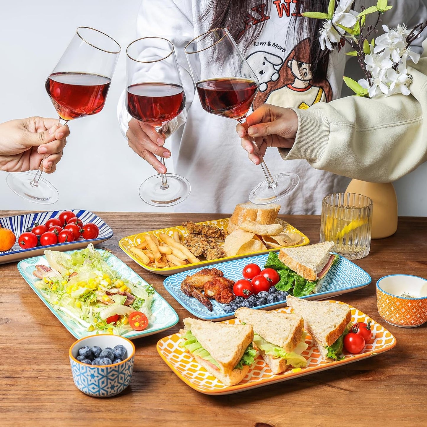 Selamica Ceramic Serving Platters, 12 Inch Serving Trays for Party Entertaining, Large Rectangular Serving Plates, Set of 6, Assorted Colors