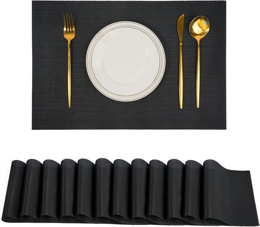 Placemats Set of 12，Non-Slip PVC Weave Table Mats Easy to Clean，Heat Resistant Place Mats for Kitchen Dining Table Decoration Indoor Outdoor，Black