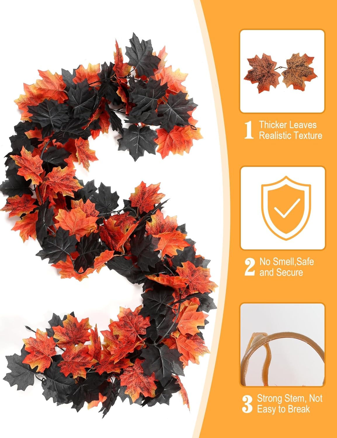 Joyhalo 5 Pack Fall Garland, Halloween Leaves Garland, Black Outdoor Leaf Vine for Mantle, Door Frame,Fireplace and Thanksgiving Decor