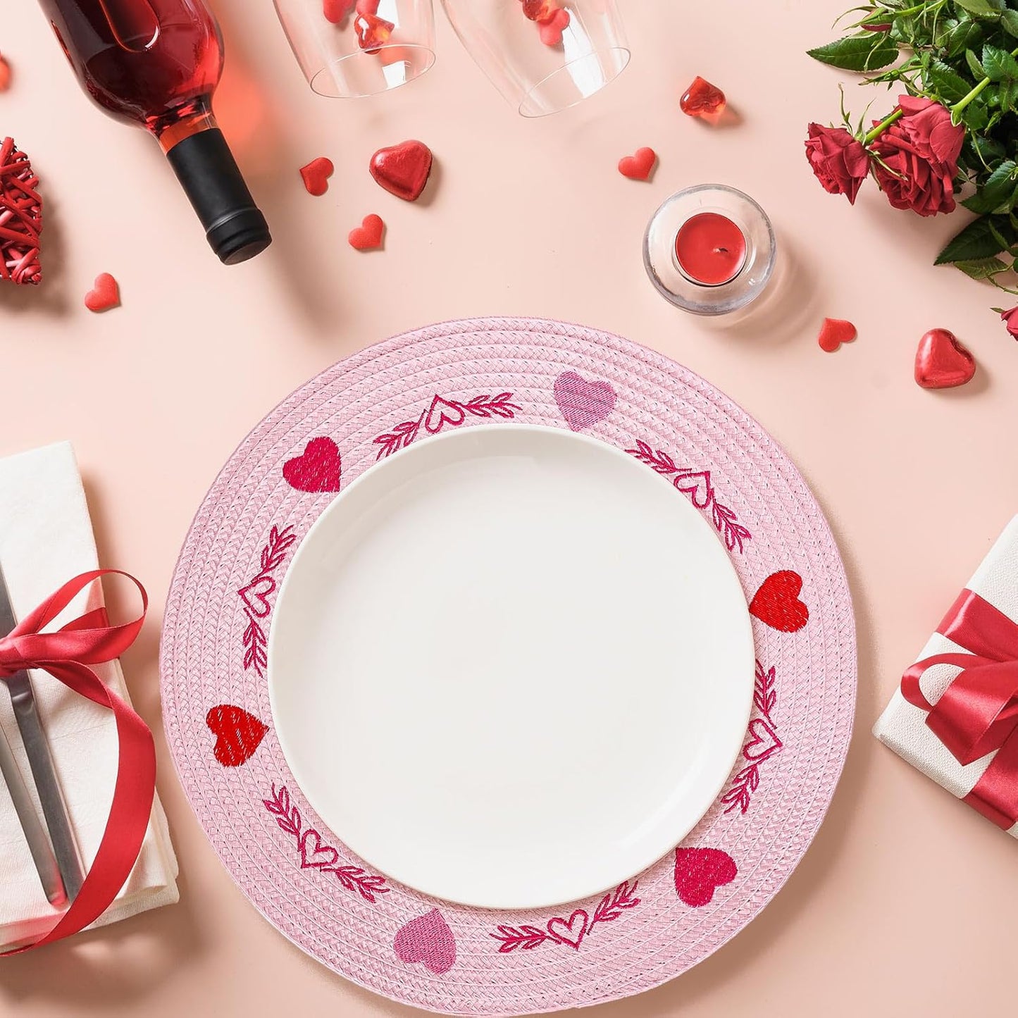 Whaline 4Pcs Round Valentine Placemats Red Pink Heart Embroidered Place Mats Decorative Dinner Table Mats for Home Wedding Anniversary Party Decor