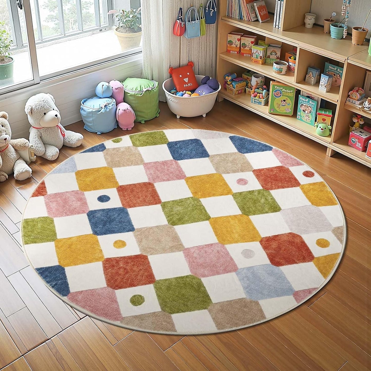 jinchan Round Rug 5ft Kids Washable Rug Indoor Floor Cover Non-Slip Soft Elementary School Classroom Modern Colorful Diamond Carpet for Nursery Daycare Bedroom Playroom Living Room Circus on Cream