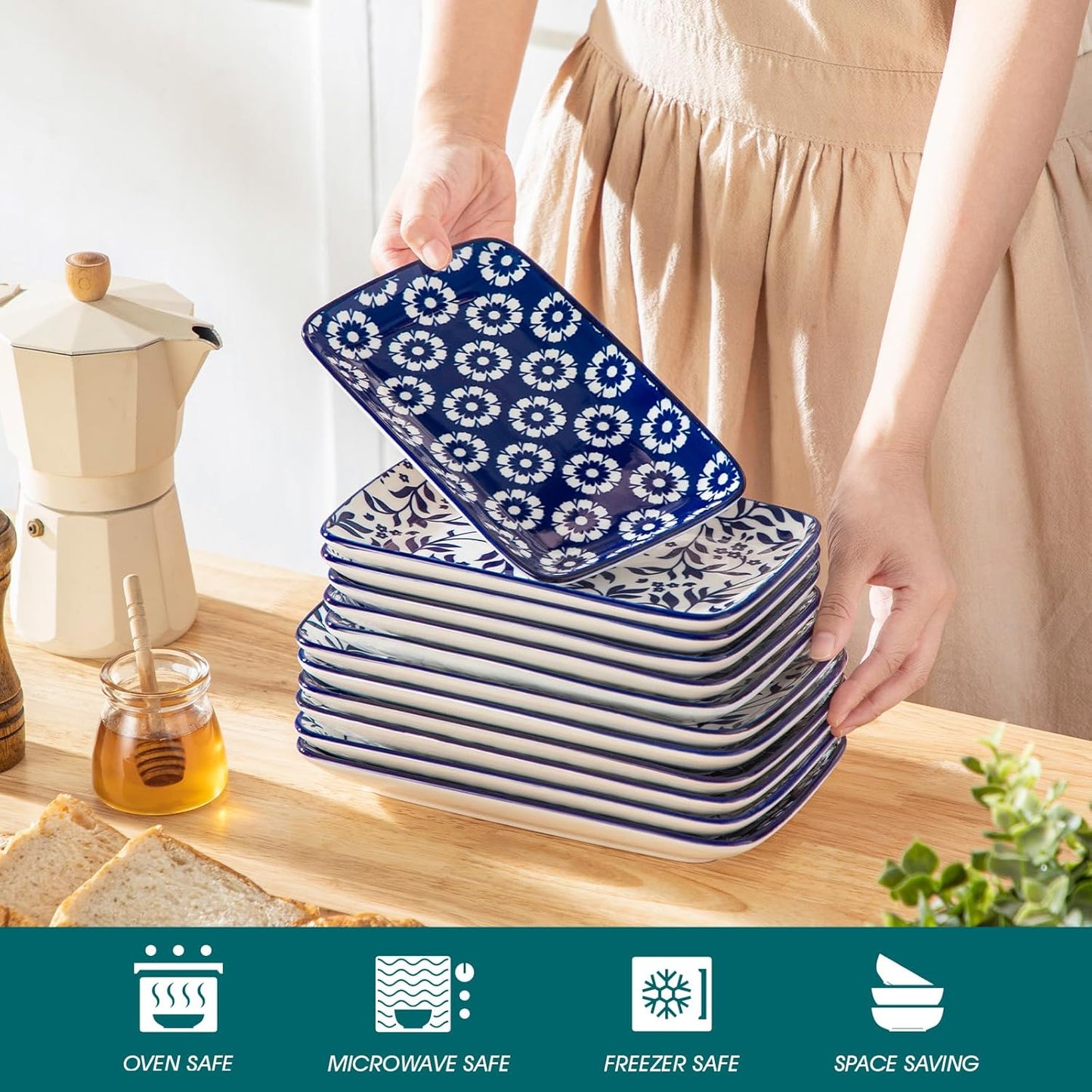 vancasso Selene 8.5 Inch Rectangular Salad Plates Set of 6, Ceramic Salad Plates for Sushi, Dessert, Appetizer, Porcelain Platters for Kitchen Decor, Microwave & Oven Safe, Vintage Blue & White Color