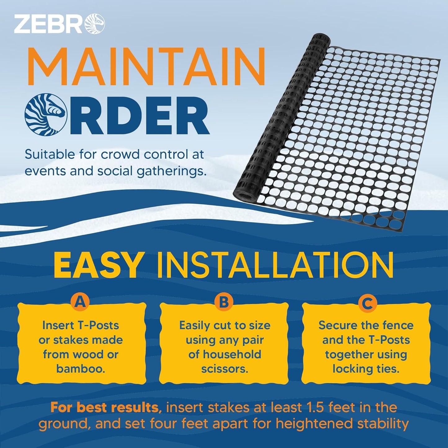 ZEBRO 4' x 100' Black Plastic Garden Fence Roll – Standard Duty Safety Netting for Snow, Poultry, Deer, Dogs – Reusable Outdoor Barrier for Yard, Landscaping, Animal Protection