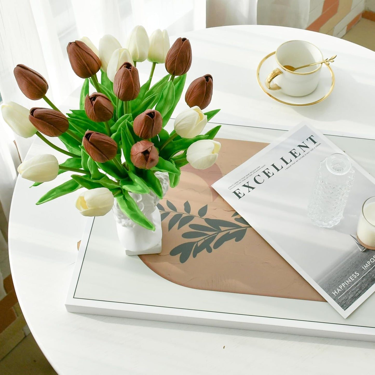 Mandy's Artificial Tulips 20 Stems White and Brown PU Faux Flowers for Wedding Home Decor 13.5 Inch