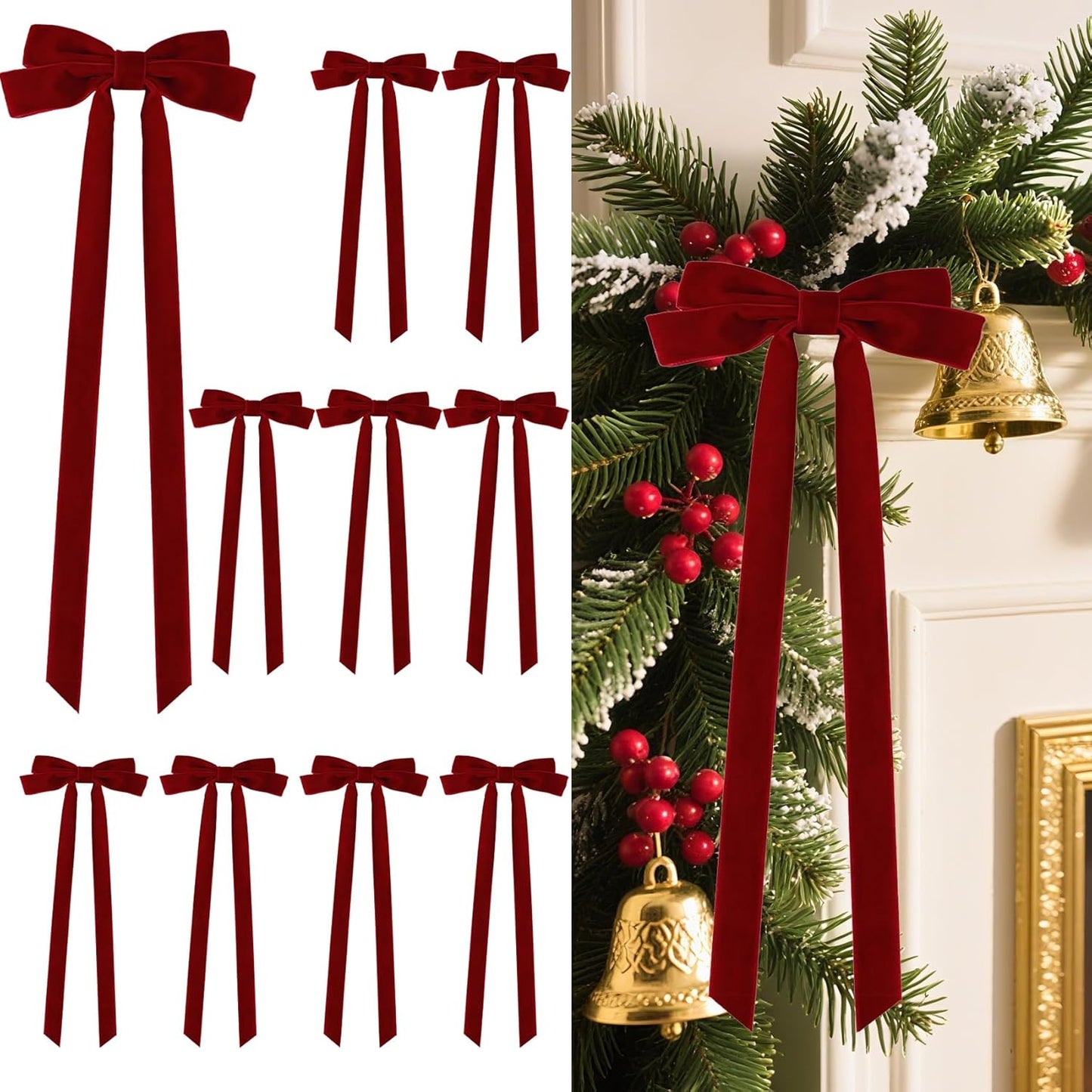 Senjie 10Pcs Large Velvet Christmas Tree Bows, 20in x 8in Premade Vintage Ribbon Tree Topper Bows Ornaments for Staircase Garland Wreath Holiday Home DIY Crafts Decorations, Burgundy